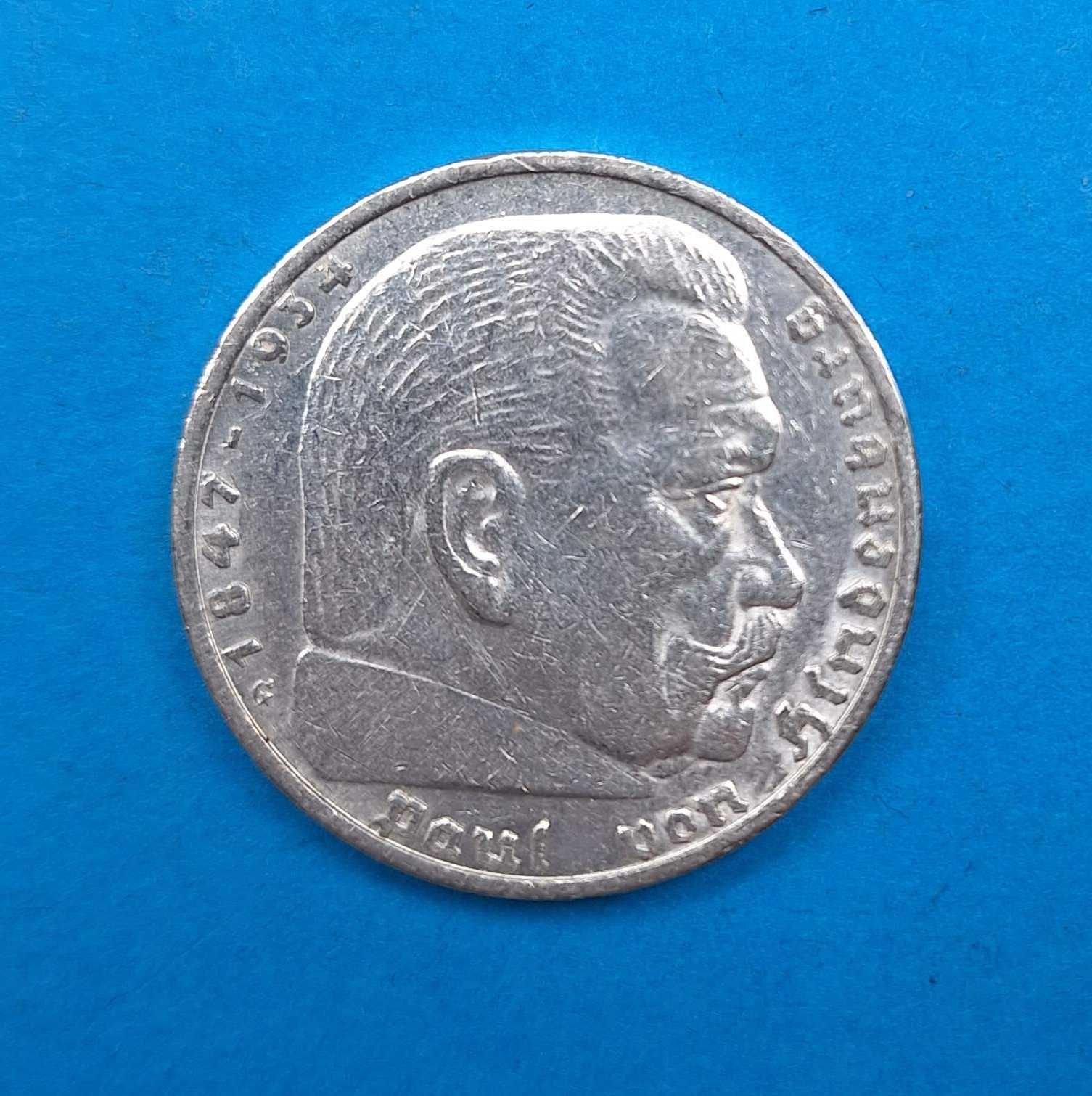 Niemcy III Rzesza 5 marek 1936 G, Hindenburg, bdb stan, srebro 0,900