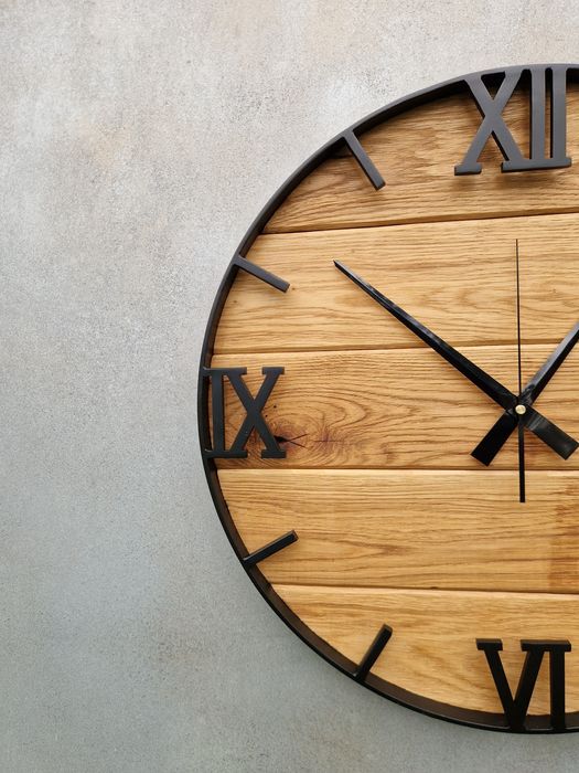 Zegar ścienny loft Dębowy 50cm stalowy drewniany rękodzieło salon duży