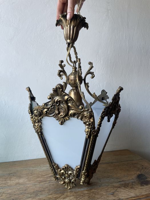 Stara lampa wisząca klosz żeliwna mosiężna solidna vintage PRL