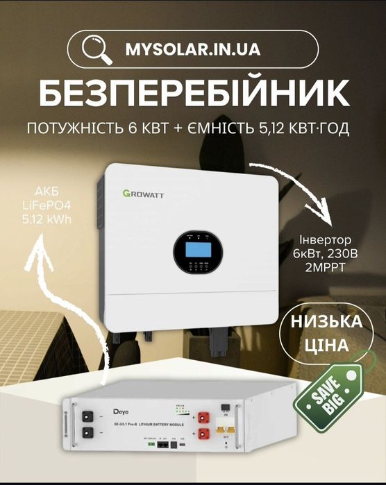 Безперебійник для квартири 6 кВт інвертор Growatt + АКБ Deye 5,12 кВтг
