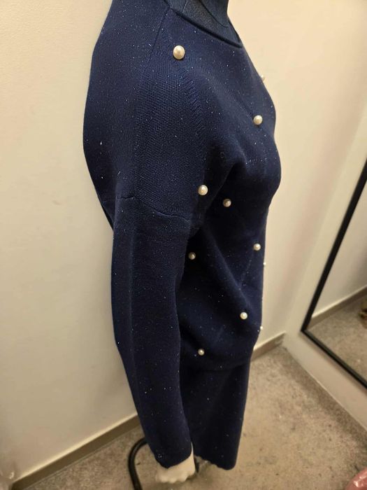 Damski Komplet Swetrowy Sukienka + Sweter Granatowy   S M