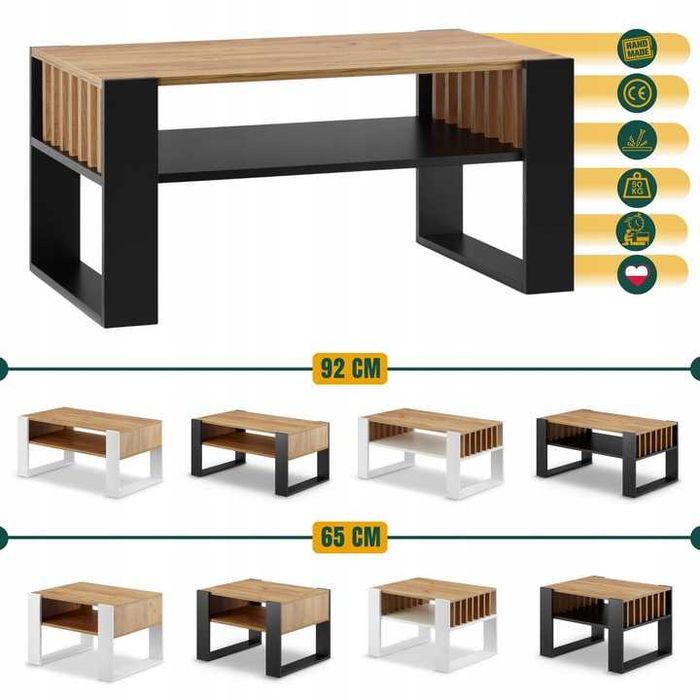 NOWY Stolik Kawowy Do Salonu Drewniany 92cm Ława Lamele z Półką Dąb
