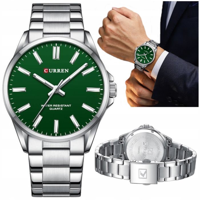 Zegarek Męski Srebrna Bransoleta Zielona Tarcza Kwarcowy Curren + Box