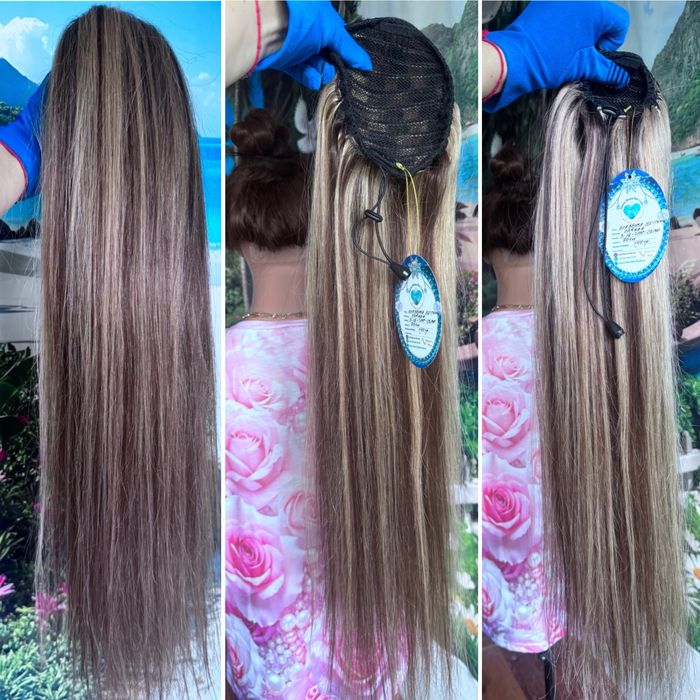 Натуральный хвост шиньон на резинке славянка детский волос русый 70 см