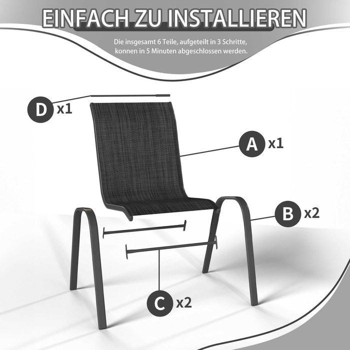 Krzesła ogrodowe 4 sztuki, balkonowe, czarne, łatwe do przechowywania