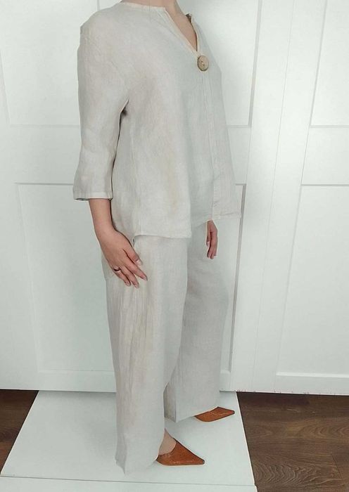 Nowy lniany komplet szerokie spodnie koszula 100% len S M L uniwersaln