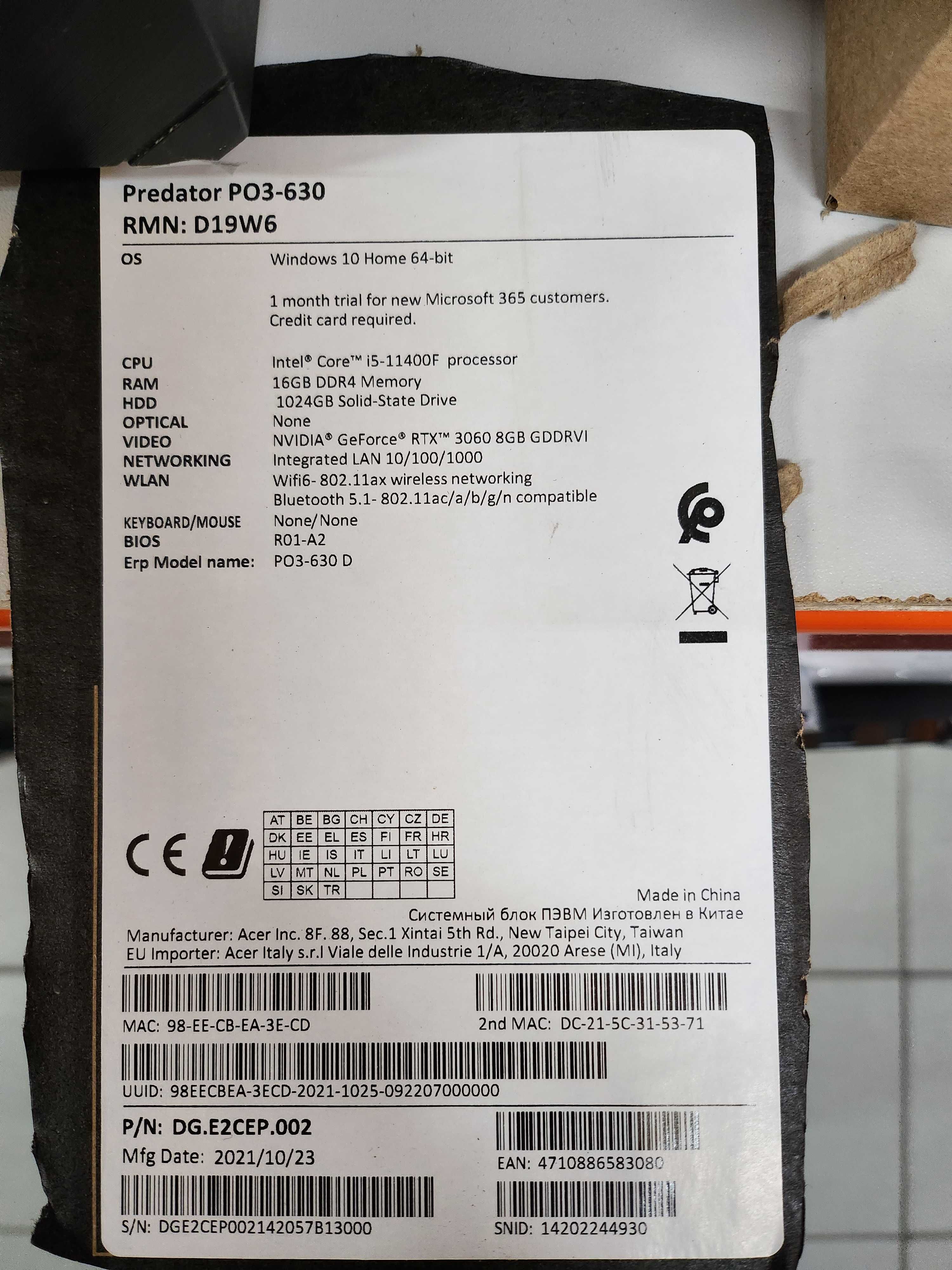 Komputer ACER Predator Orion 3000 PO3-630 i5-11400F 16GB RAM