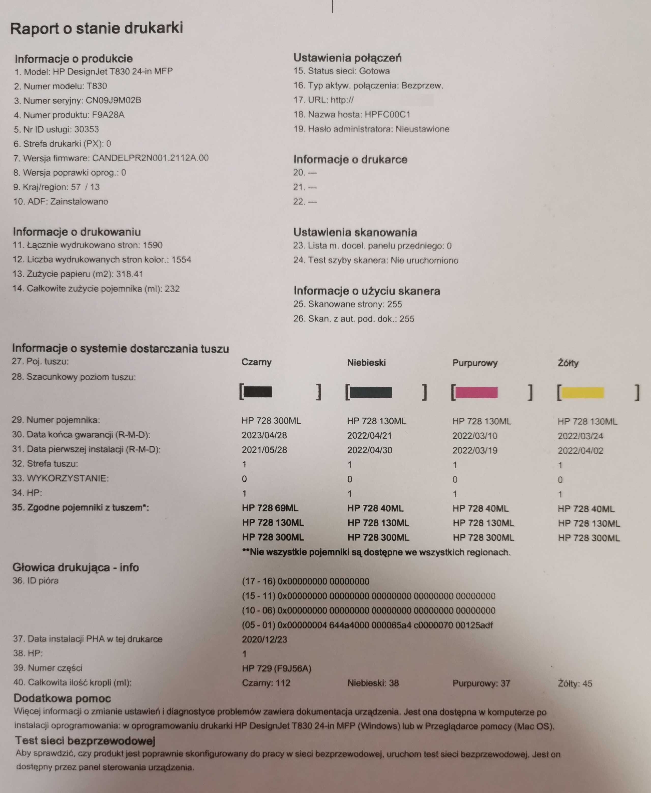 PLOTER HP DesignJet T830 24-in MFP, F9A28A, przebieg tylko 319m², skan
