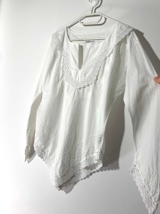 biała bluzka koszula na długi rękaw XS koronka boho hippie folk bawełn