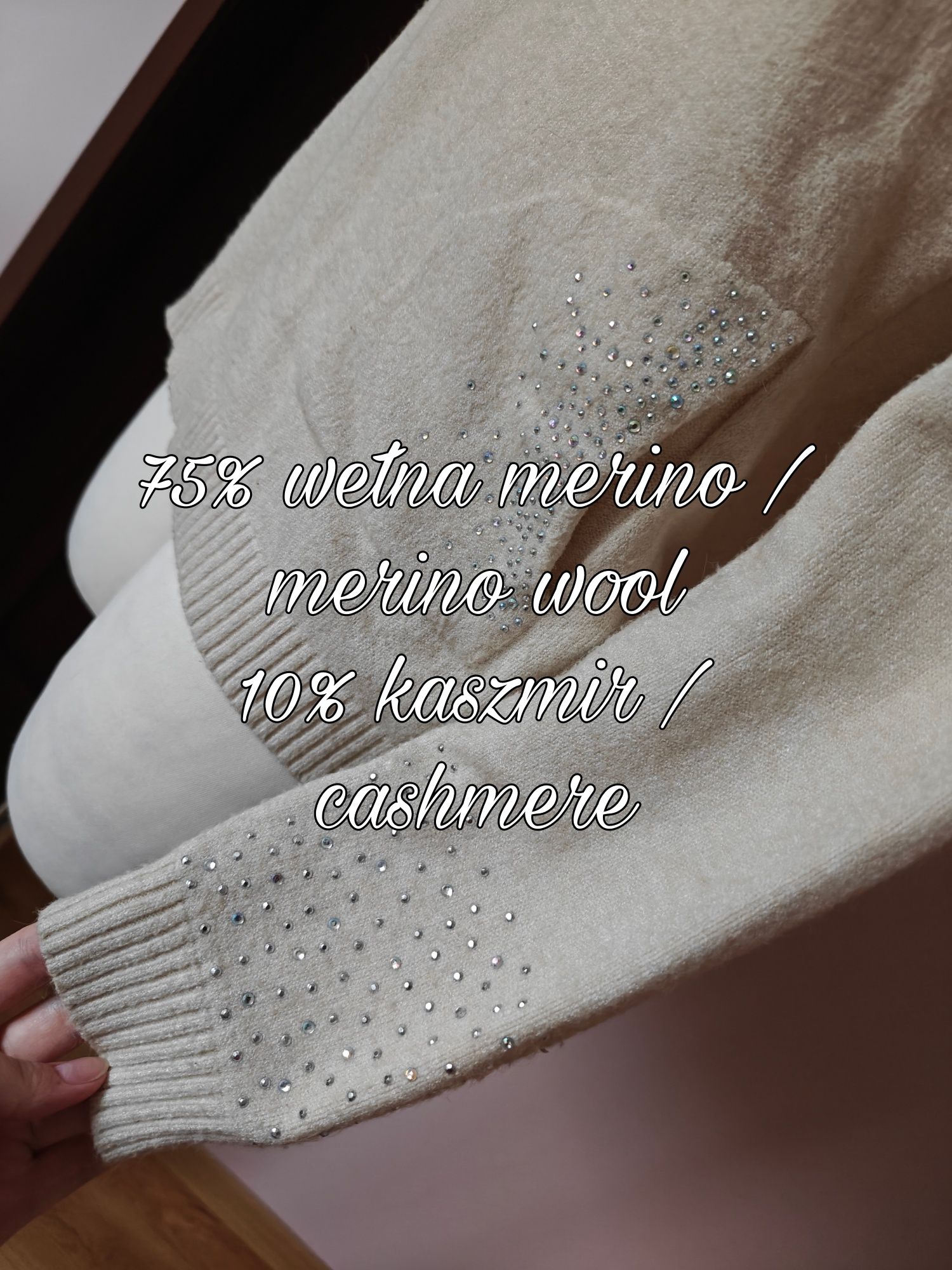Sweter wełniany wełna merino kaszmir kremowy śmietankowy kryształki M