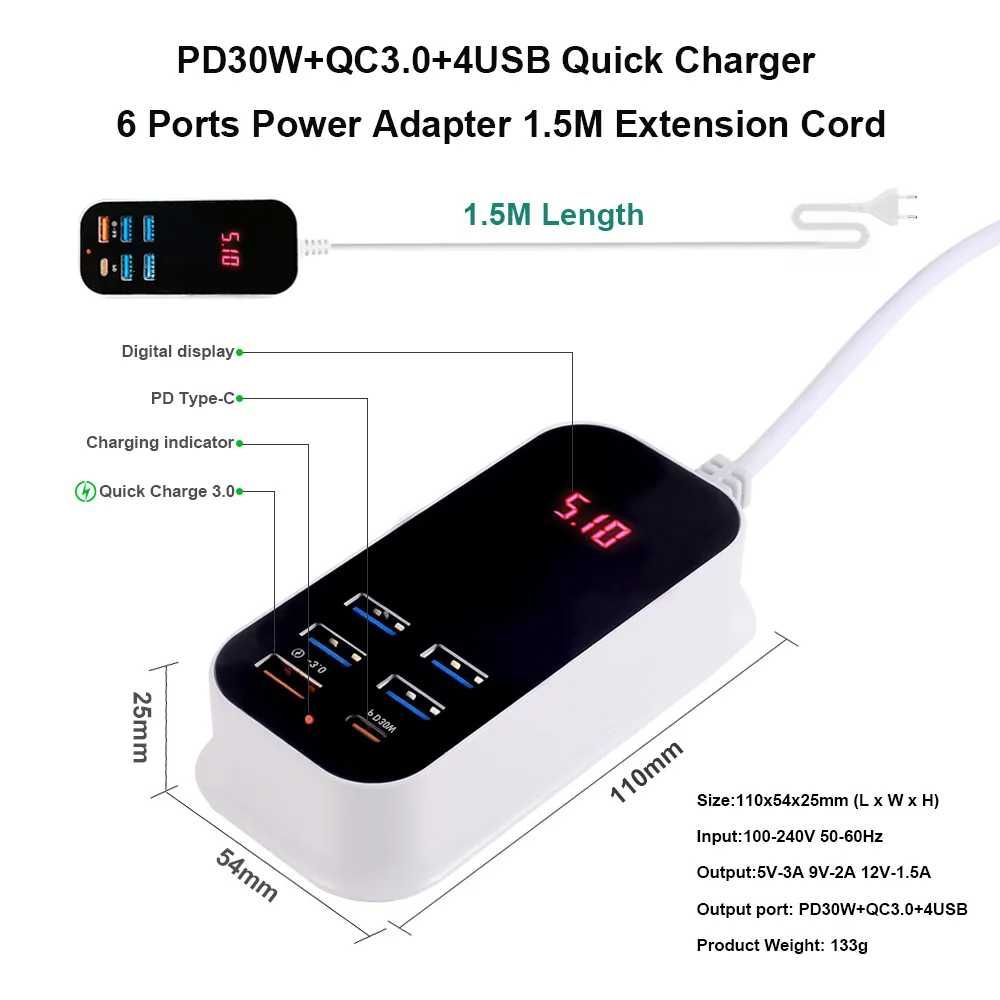 Зарядна станція 5 портів USB +QC3.0 PD3.0 з дисплеєм, Quick Charge