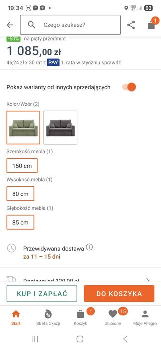 Sofa dwuosobowa material sztruks z funkcją spania
