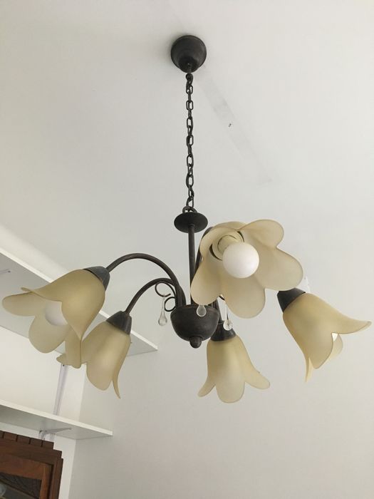 Candeeiro de tecto em latão e vidro, década de 1980