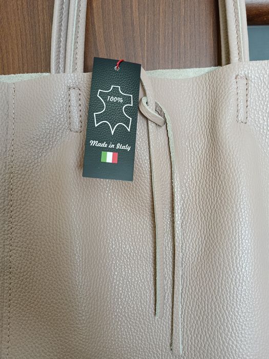 Torebka schopperka, skóra naturalna, Pudrowy róż, włoska