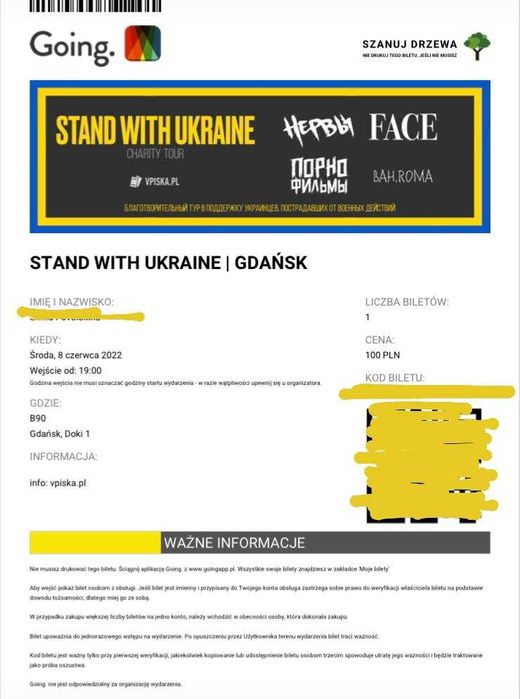 Bilet elektroniczny na koncert Stand with Ukraine. Gdańsk