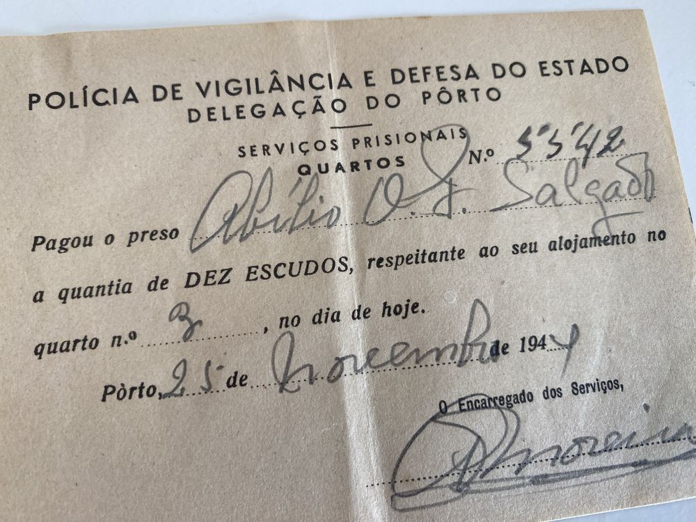 PIDE DGS - PVDE. Recibo preso político. 1944