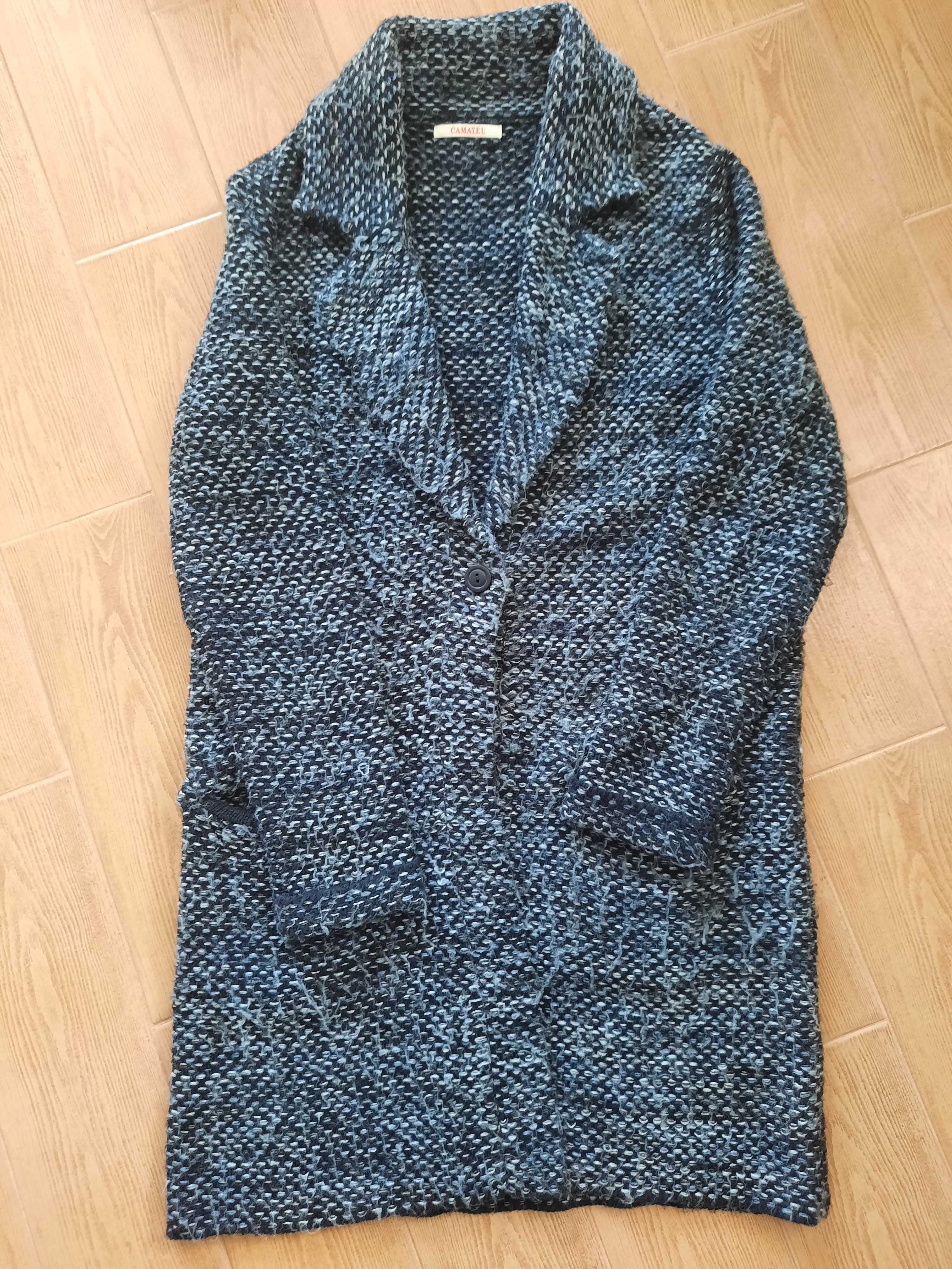 Długi, rozpinany, granatowy sweter z kołnierzykiem; Camaieu rozm. 42/L
