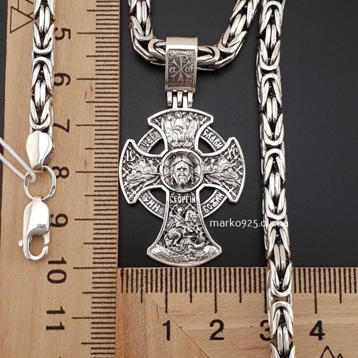 Товста чоловіча срібна цепочка лисячий хвіст і освячений кулон хрестик
