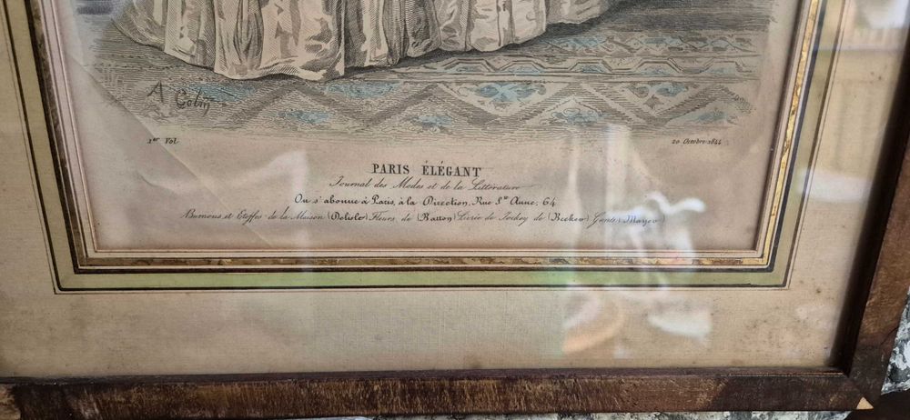 Antyk stara litografia druk modowy Paryż 1844 Francja glamour