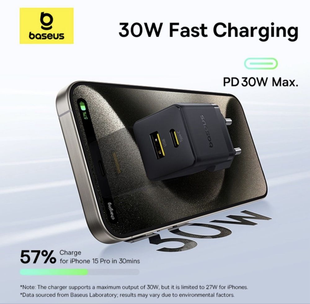 Зарядний Пристрій Baseus PD30W USB+Type-С з кабелем Туре-С to Type-С