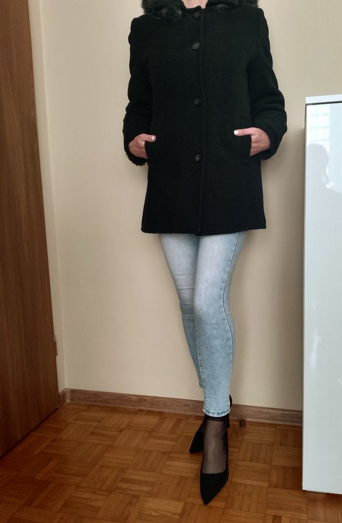 ELEGANCKA kurtka płaszczyk damski flausz czarny kaptur L GRATIS WYSYŁK