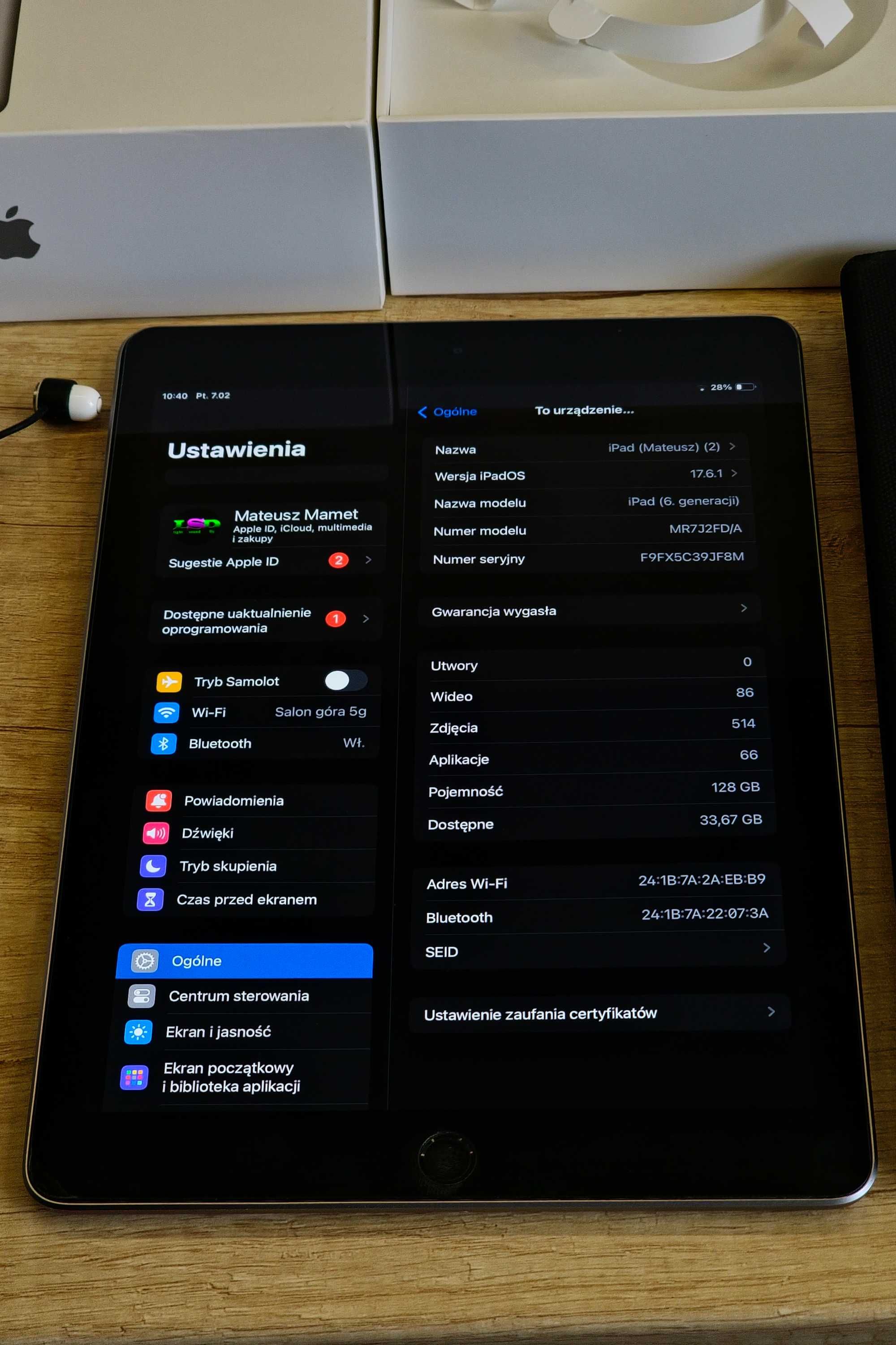 Ipad 6gen 128gb gwiezdna szarość + apple pencil + logitech slim folio.