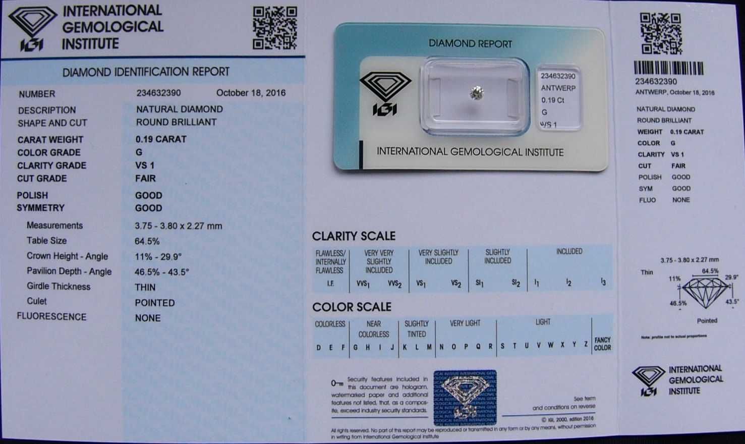 BRYLANT 0.19 ct VS1 G 3,80 mm Certyfikat IGI Diament