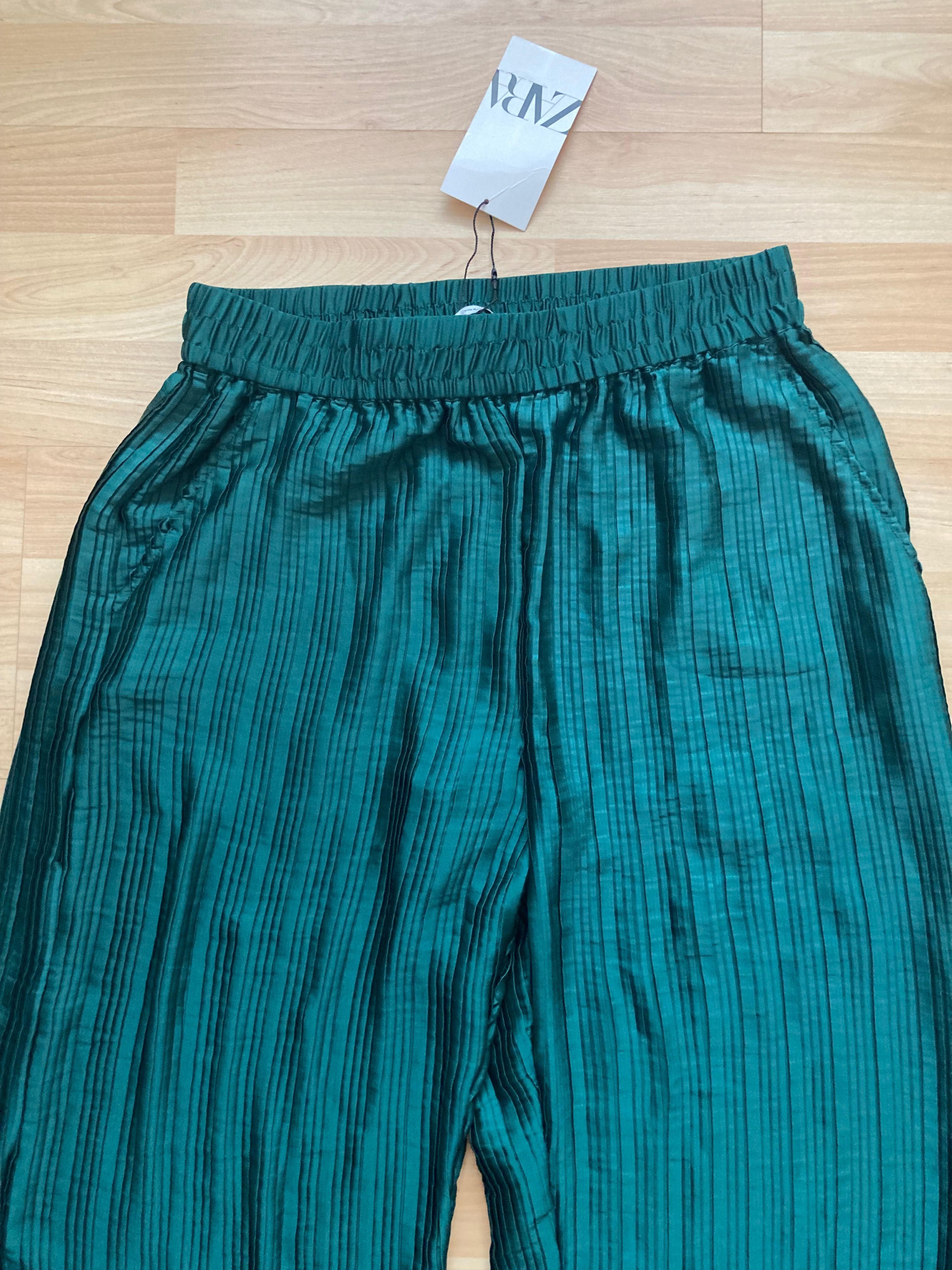 Nowe długie plisowane spodnie butelkowa zieleń Zara roz. S