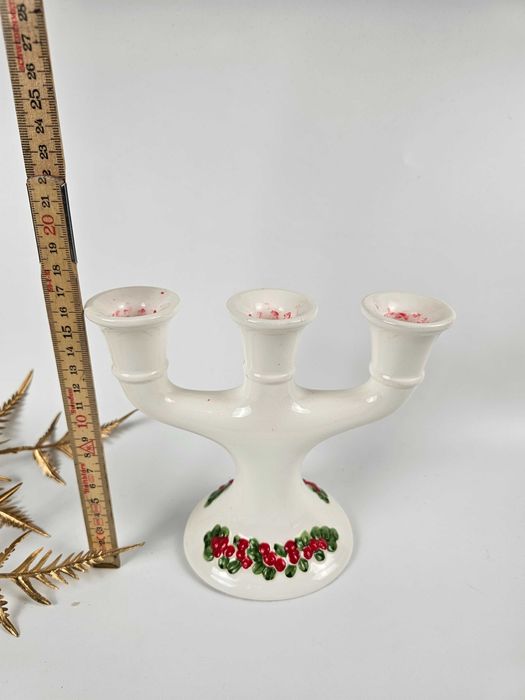 Ceramiczny świecznik vintage z czerwonym motywem