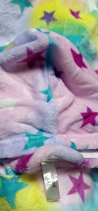 NOWY długi polarowy kolorowy szlafrok r. XXL - kaptur/kieszenie/pasek