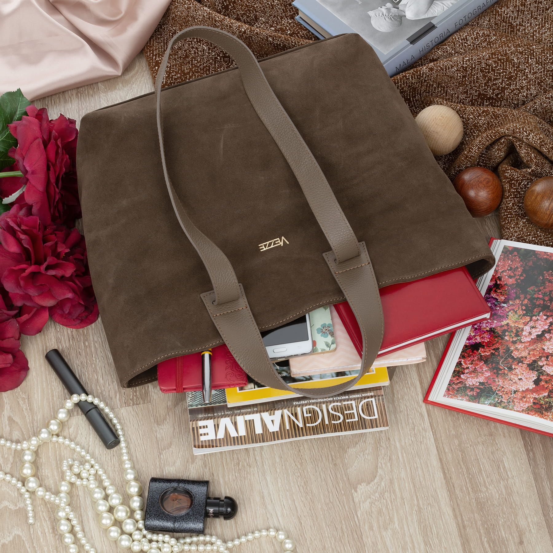 VEZZE torebka damska zamszowa shopper z długimi rączkami V498 c.taupe