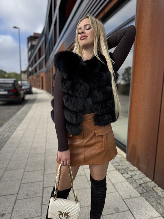 Futro krótkie naturalne z lisa czarnego s/m kamizelka 2 w 1 nowe gęste