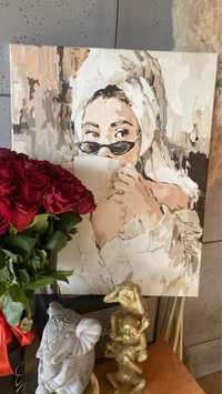 Obraz ręcznie malowany na płótnie 40x50 Boho Kobieta Z Kawa