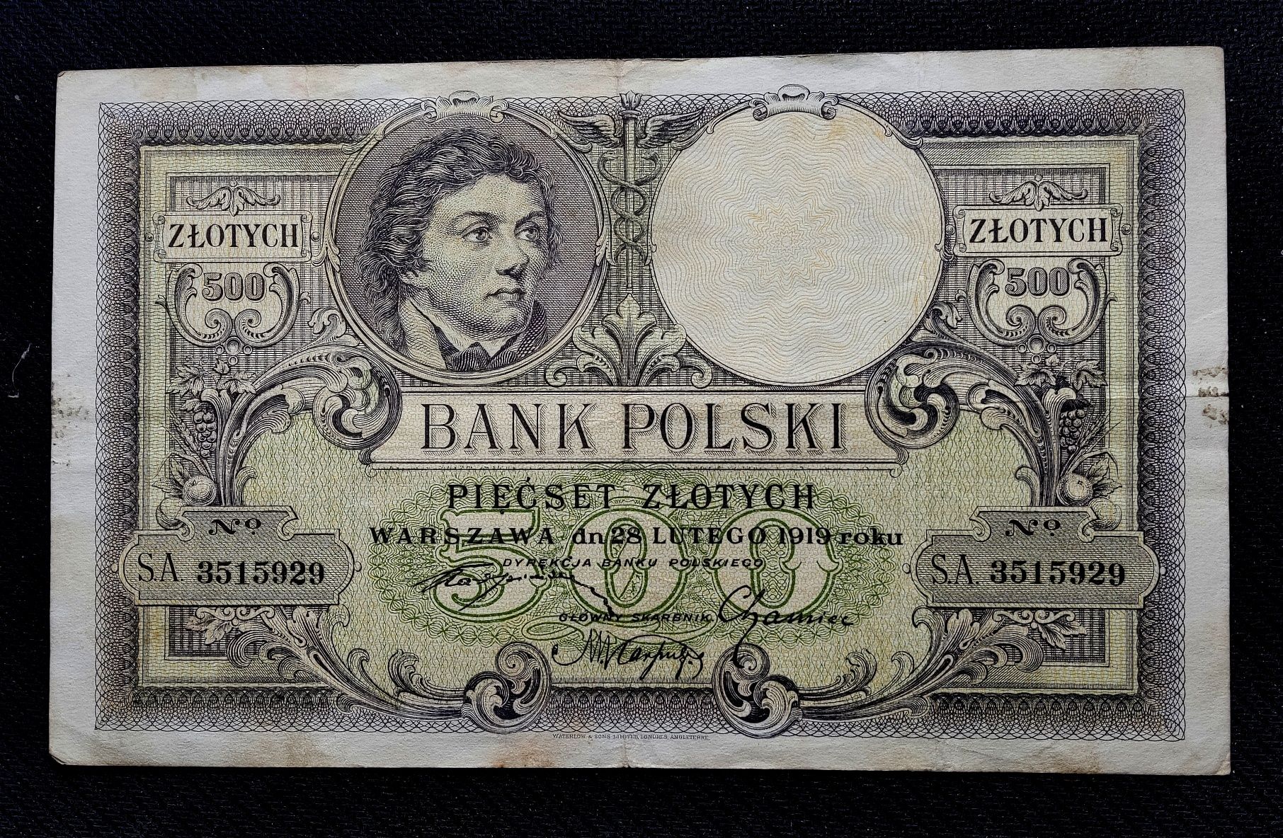 Banknot 500 złotych 1919 r. Seria SA