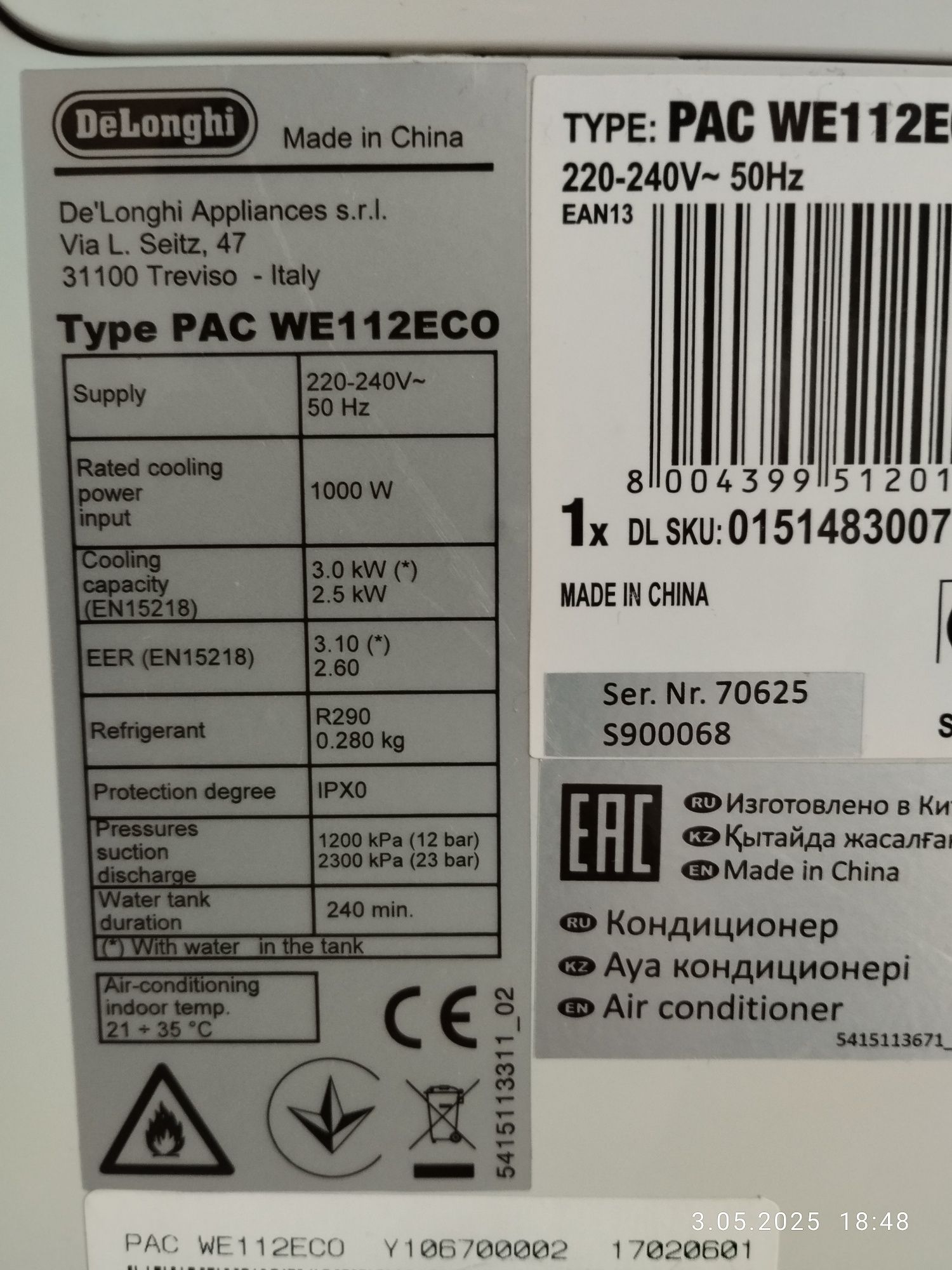 Klimatyzator DeLonghi Pinguino Type PAC WE112ECO przenośny 3w1, osusza
