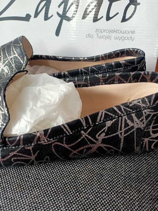 Czarno-srebrne mokasyny buty skórzane zapato rozmiar 41