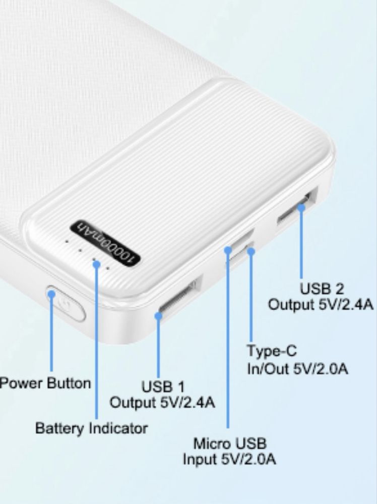 2 x przenośna ładowarka Power Bank USB C o pojemności 10 000 mAh.