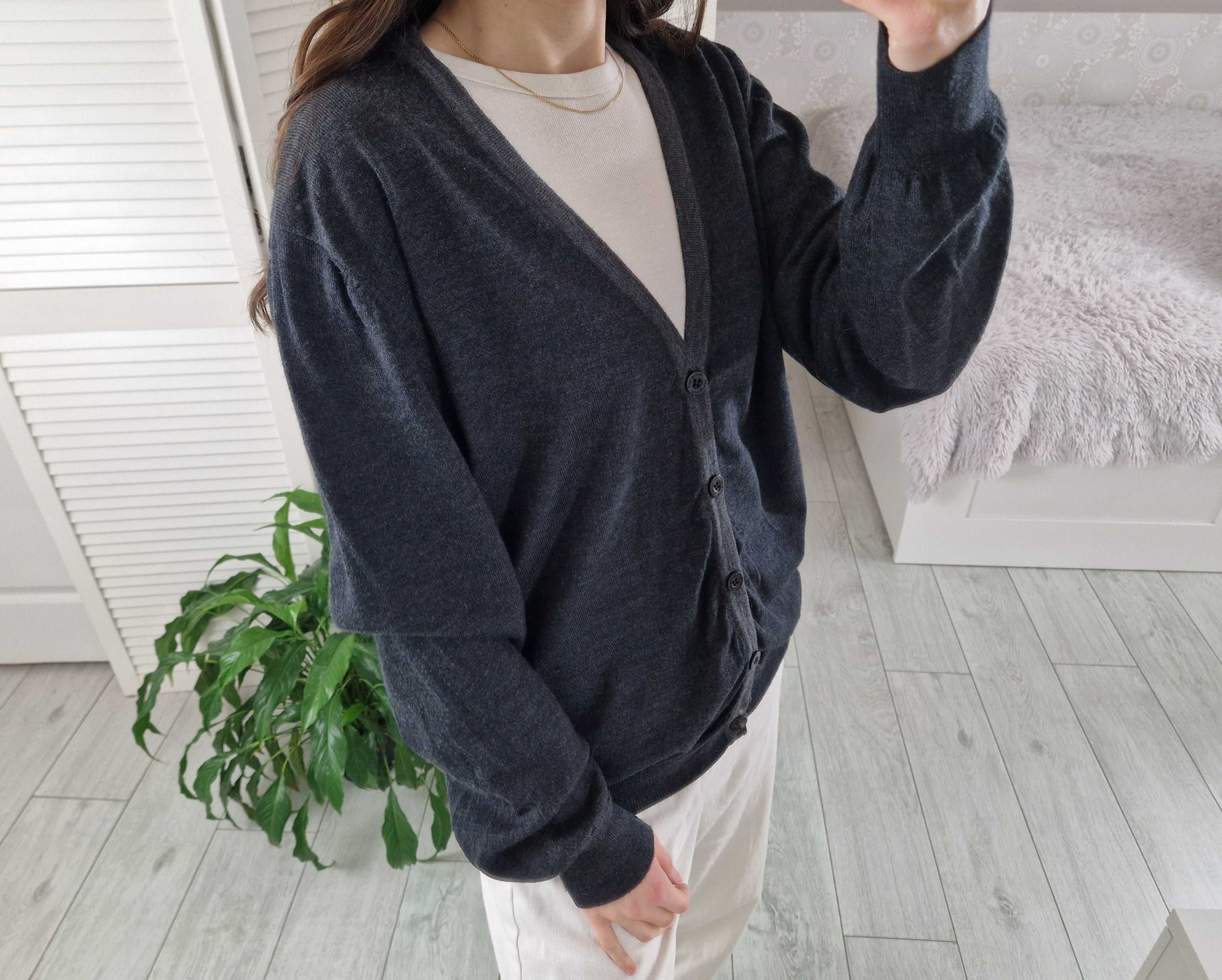 Marks&spencer ciemnoszary wełniany kardigan 100% wełna merino L