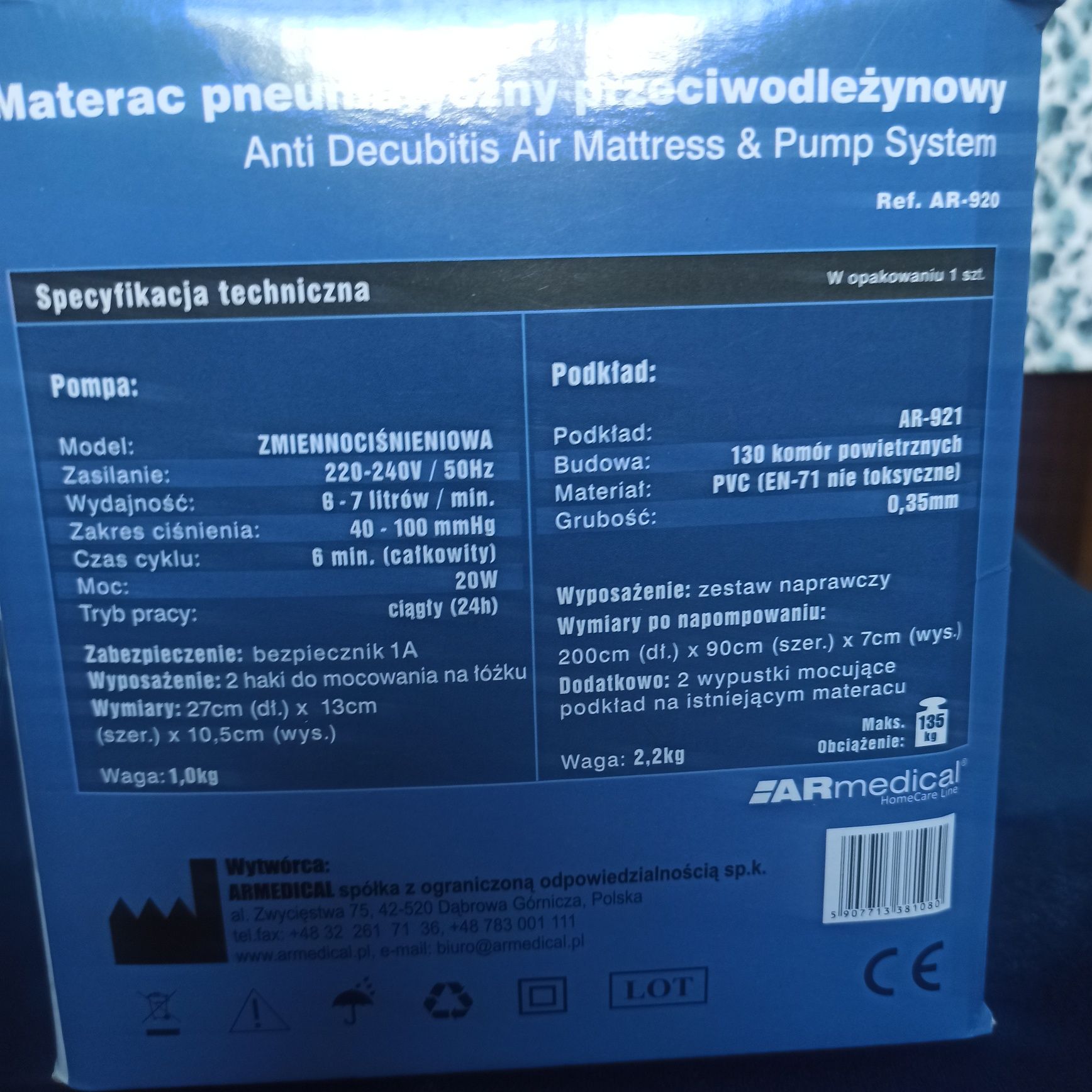 Materac przeciwodlezynowy ar medical