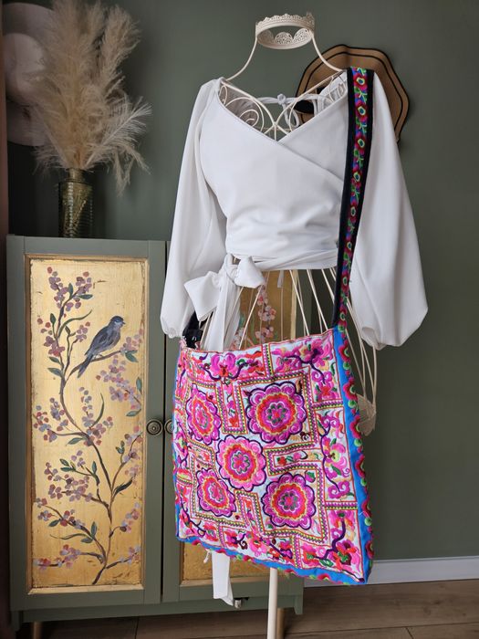 Kolorowa Torebka damska Na Ramię Boho Hippie Etniczna Duża W Kwiaty