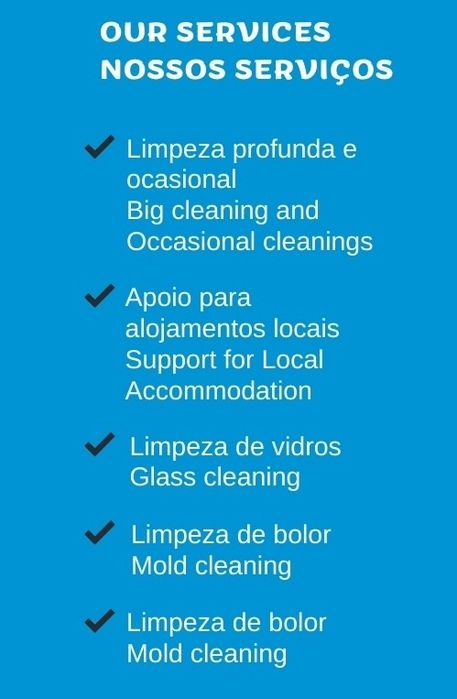 Serviços de lavanderia e engomadoria, limpezas gerais, pós obras, lava
