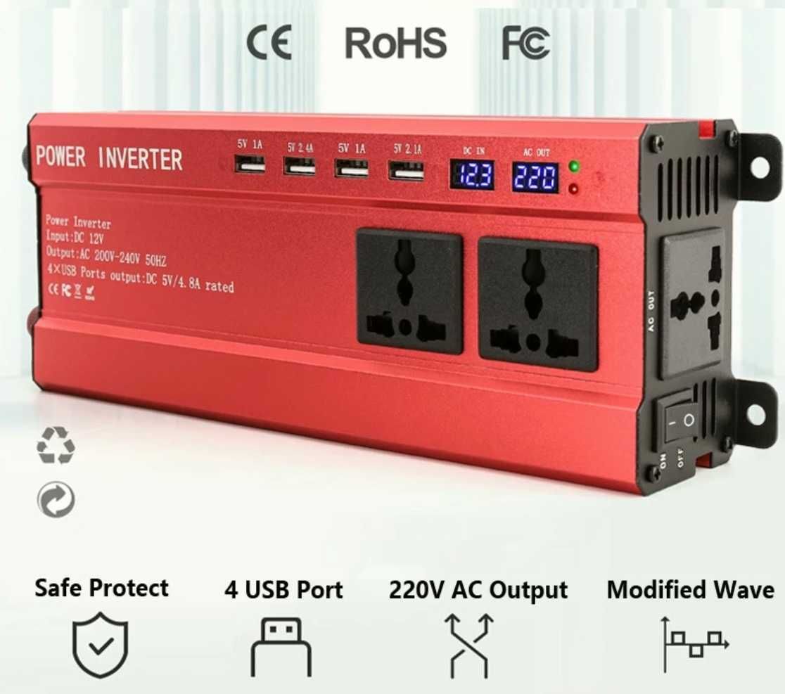 Автомобильный инвертор 12V 220V EAFC Power Inverter DC-AC 12V 2000 Вт