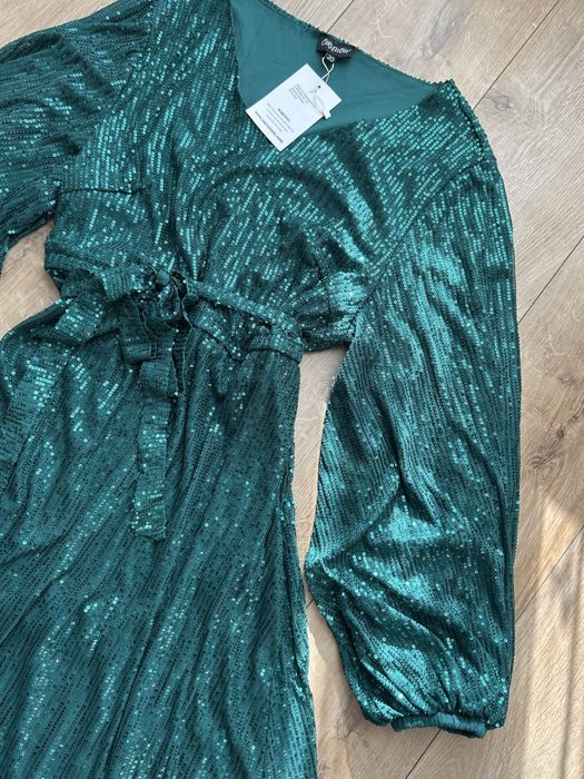 Sukienka zielona cekiny błyszcząca plus size cekinowa midi nowa rękaw