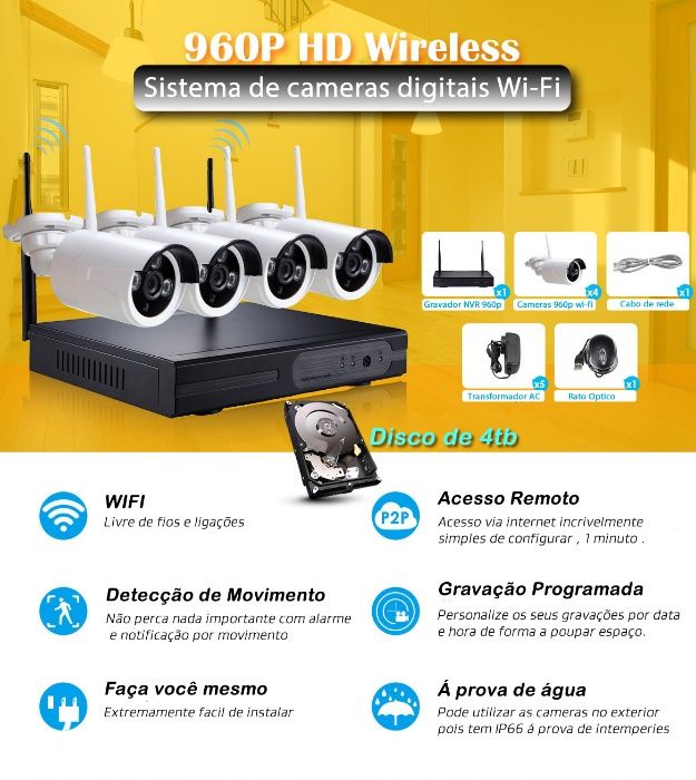 sistema 4 cameras wifi HD 960p disco 4tb video vigilancia Android Ios