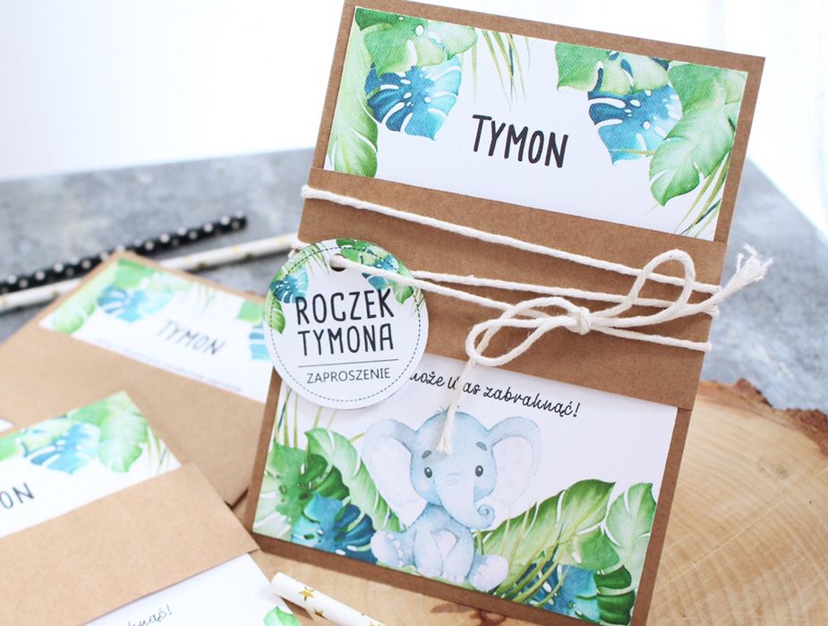 Zaproszenie zaproszenia na urodziny urodzinowe jungle słonik chłopca