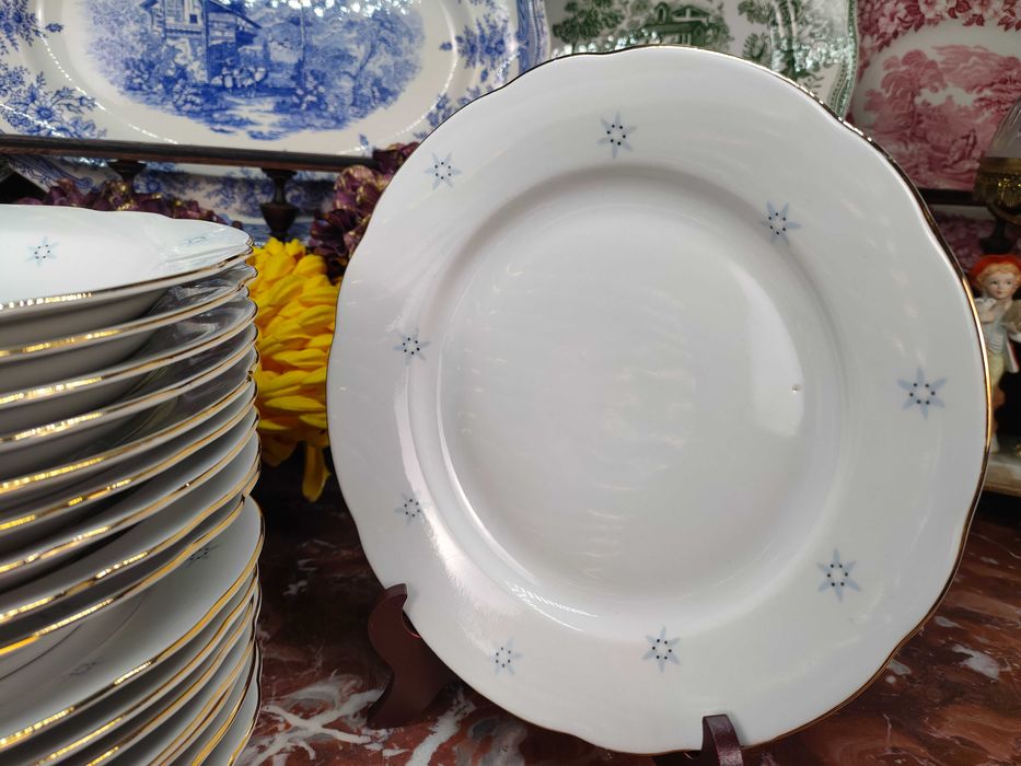 Złocone talerze obiadowe płaskie oraz głębokie - 8 + 9 sztuk - Colditz