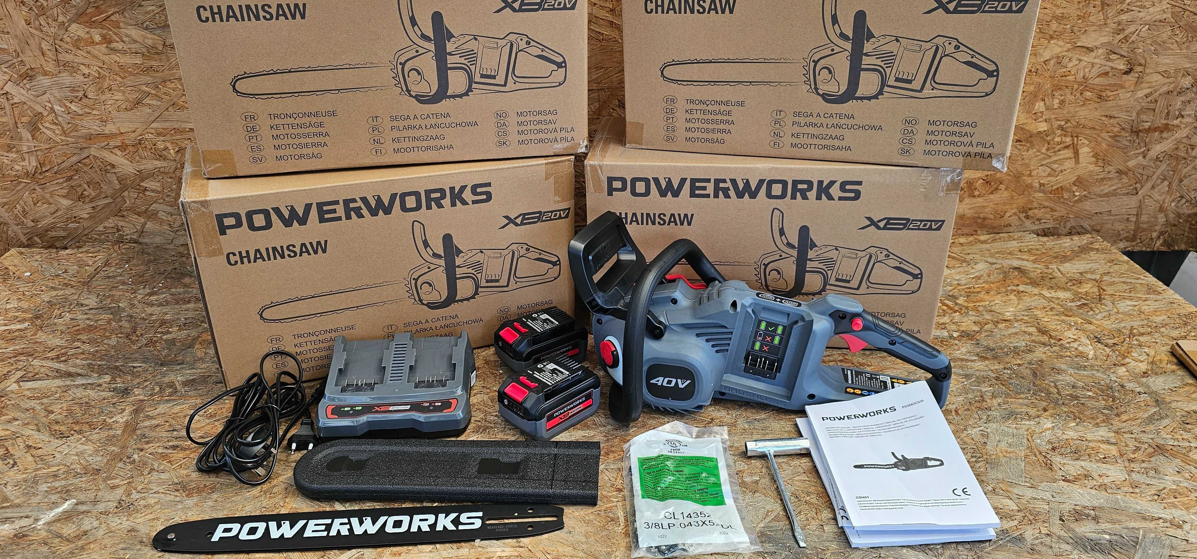 Piła łańcuchowa akumulatorowa POWERWORKS 40V, 2x bateria, ładowarka