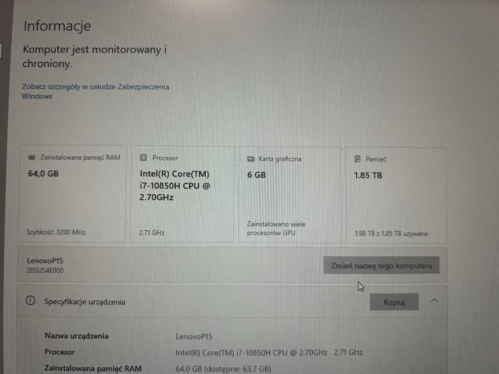 Thinkpad P15 i7/64gb/2tb/RTX3000