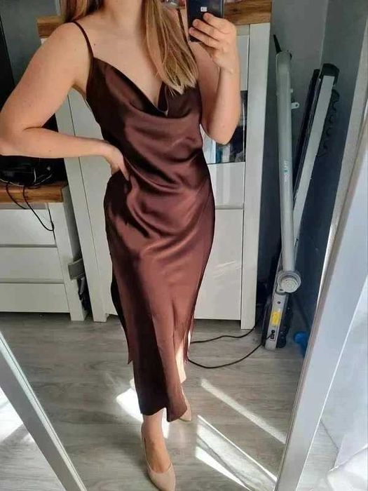 sukienka brązowa S 36 elegancka, andrzejki sylwester mikołaj święta