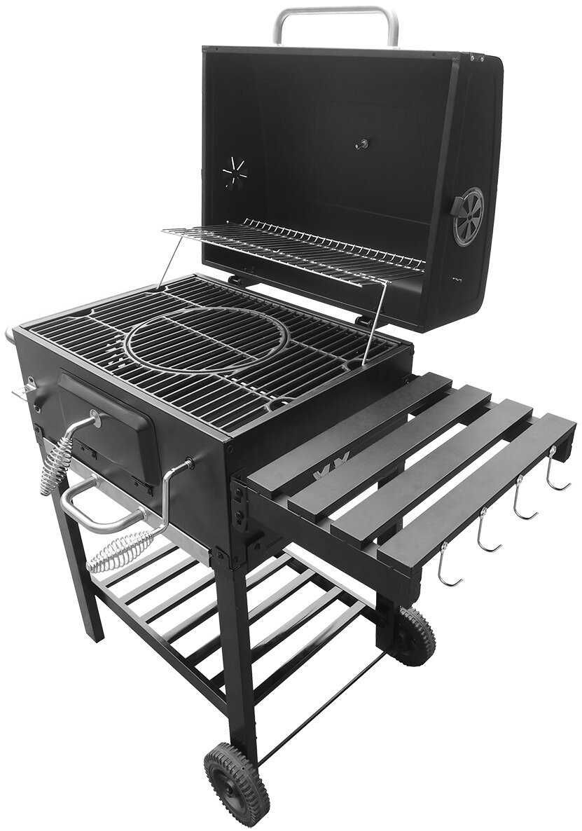 GRILL WĘGLOWY Duży Ogrodowy Pokrywa ŻELIWNY RUSZT Regulowany Półki BBQ